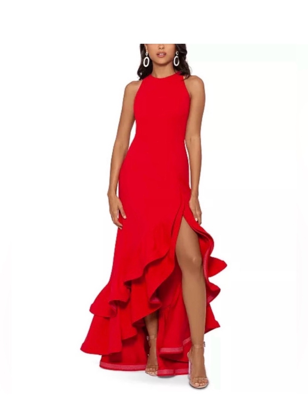 Betsy & Adam Red Petite Tiered Ruffles Salsa Scuba Crepe Gown 14P New